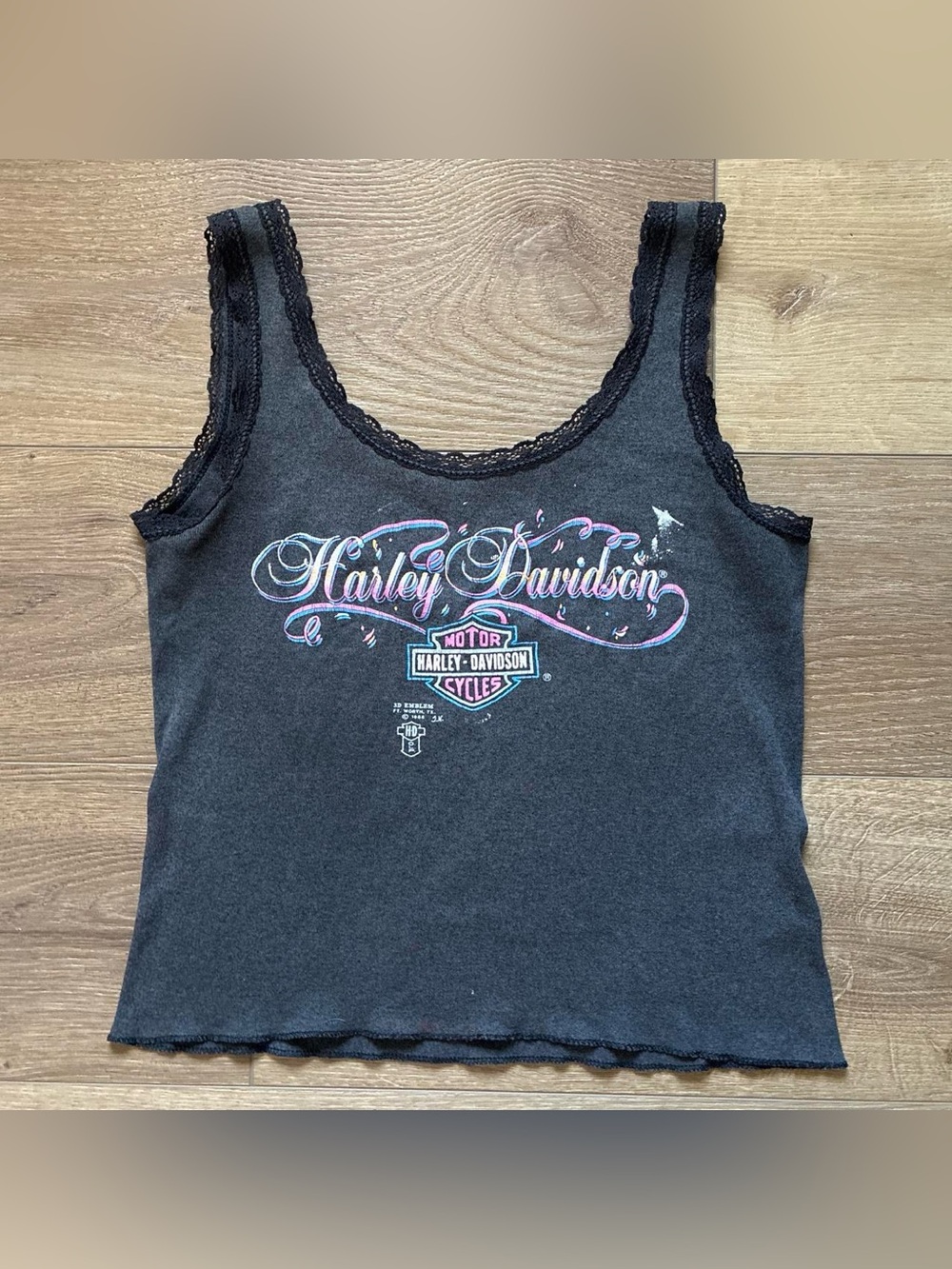 1988 3D Emblem Harley Davidson black tank top with lace trim
